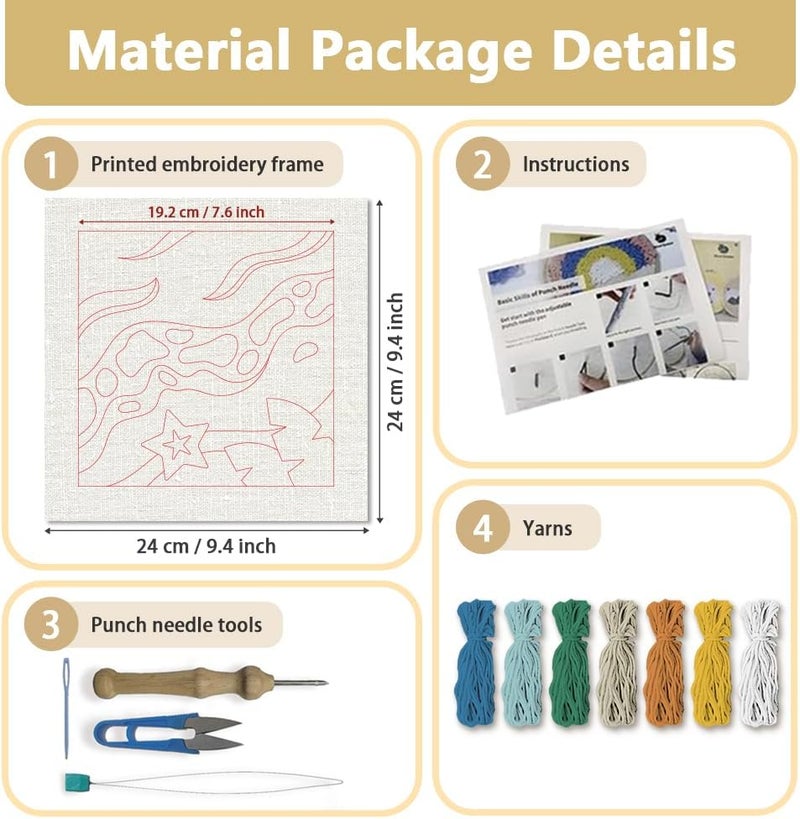 DOODLREAM Beach DIY Punch Needle Embroidery Kit for Adult Beginner, 9.4" Summer Sea Wave Punch Stitching Craft Set for Starter with Frame, Fabric Pattern, Threader, Yarn, Pinch Needle - Image 2